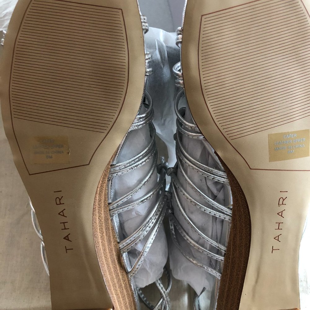 Tahari Caper Silver Leather Demi-Wedge Sandals - Picture 7 of 8